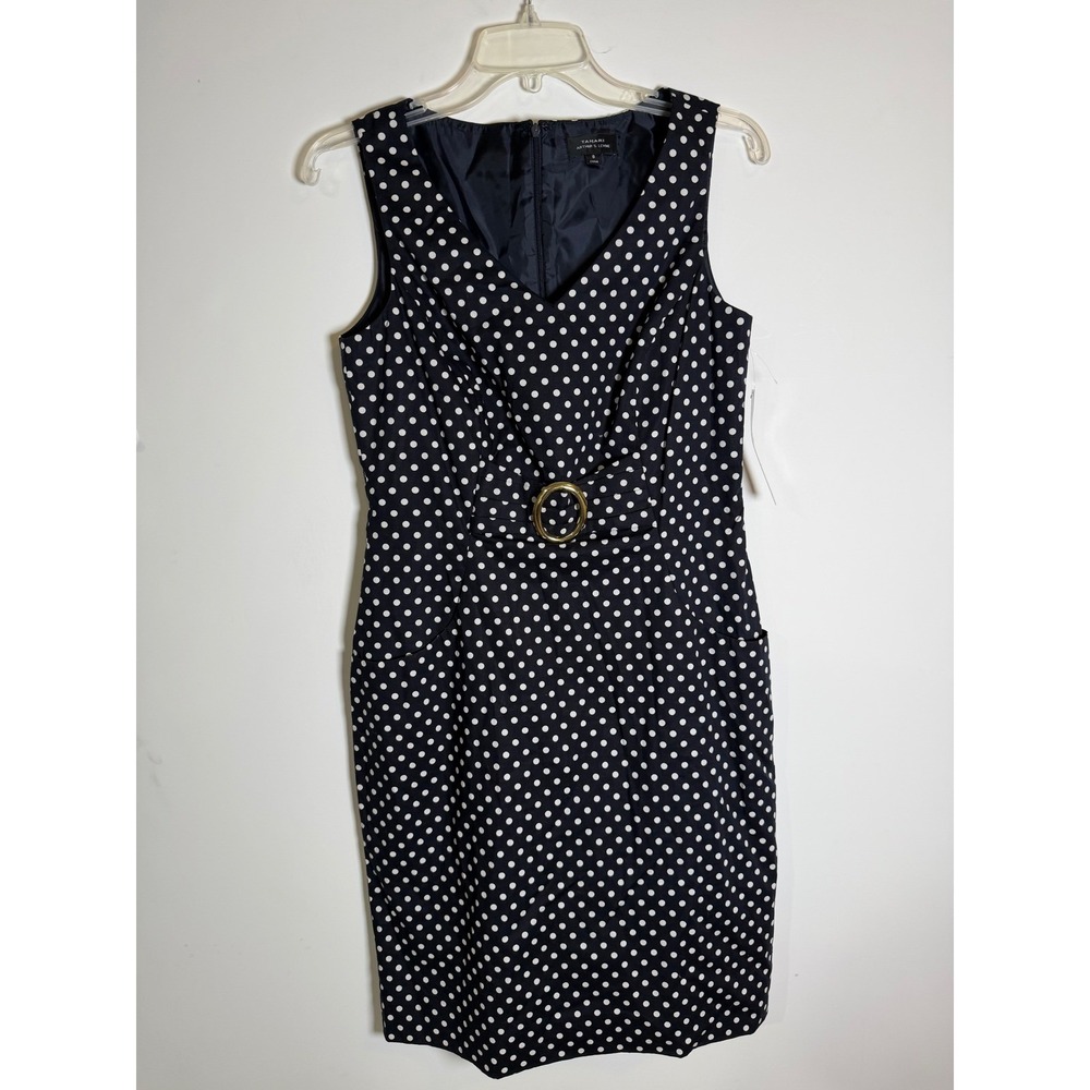 Tahari Arthur S Levine Karina‎ Navy Polka Dot Buckle Sheath Dress 8